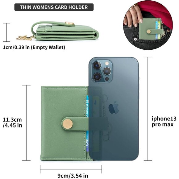 New Women's Green Slim RFID Bifold Wallet Zipper Pocket, ID Window & Keychain - Picture 4 of 8